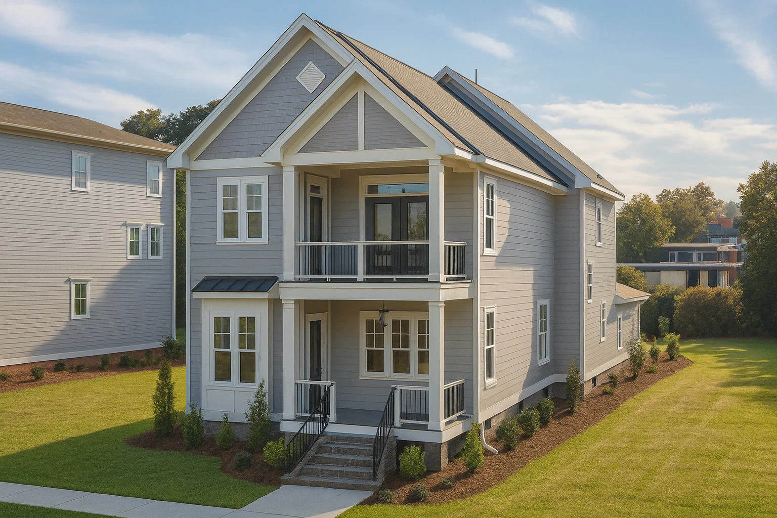Front view of a two-story Coastal Farmhouse featuring light gray siding, white trim, and upper and lower porches designed for relaxed outdoor living.