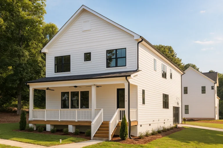 Front exterior of a two-story Modern Farmhouse home with white horizontal siding, black windows, and a welcoming covered front porch