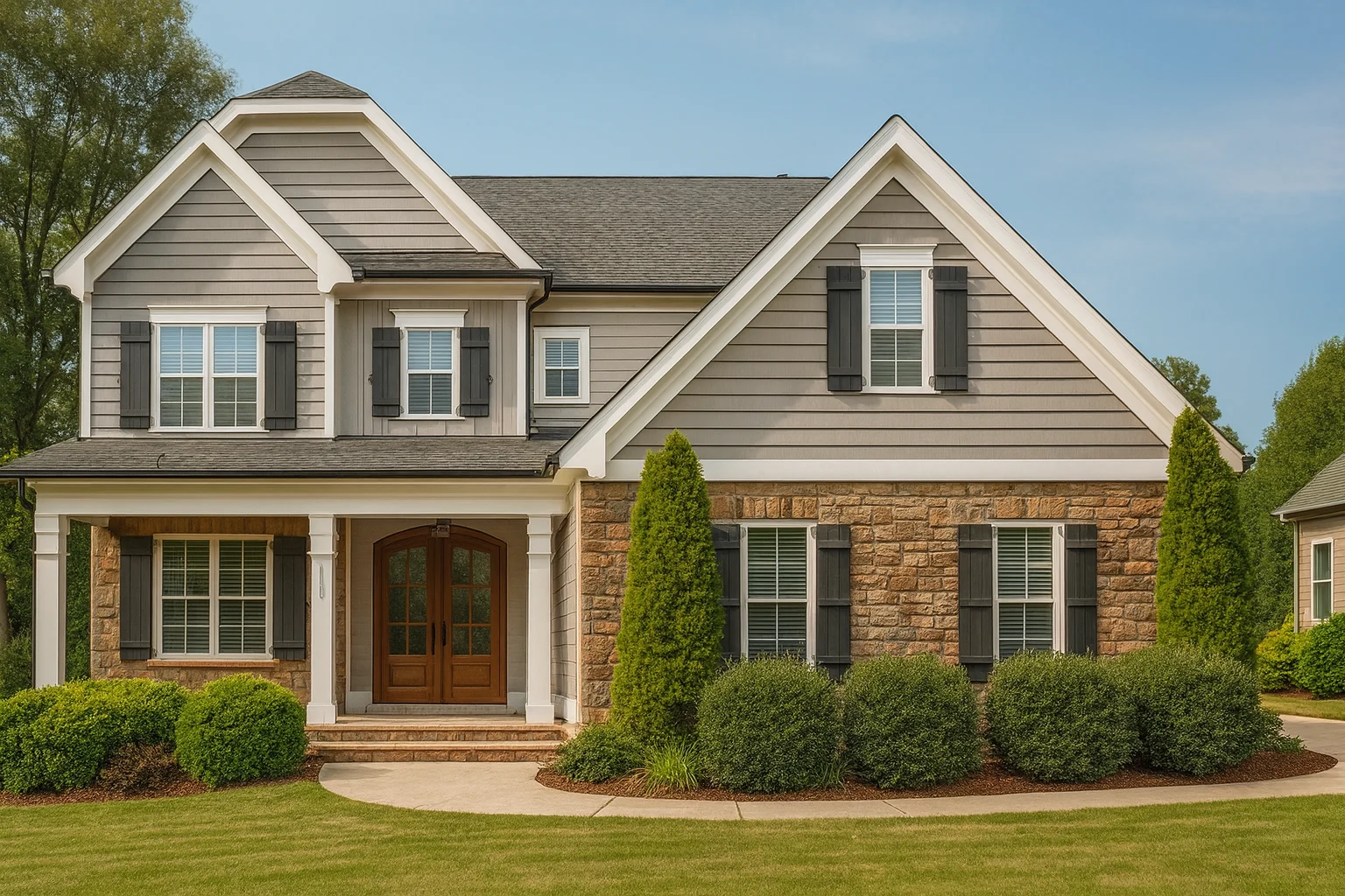 Adobe House Plans 29 Front elevation of a New American Traditional house with horizontal siding, brick porch columns, symmetrical windows, and a welcoming covered entry