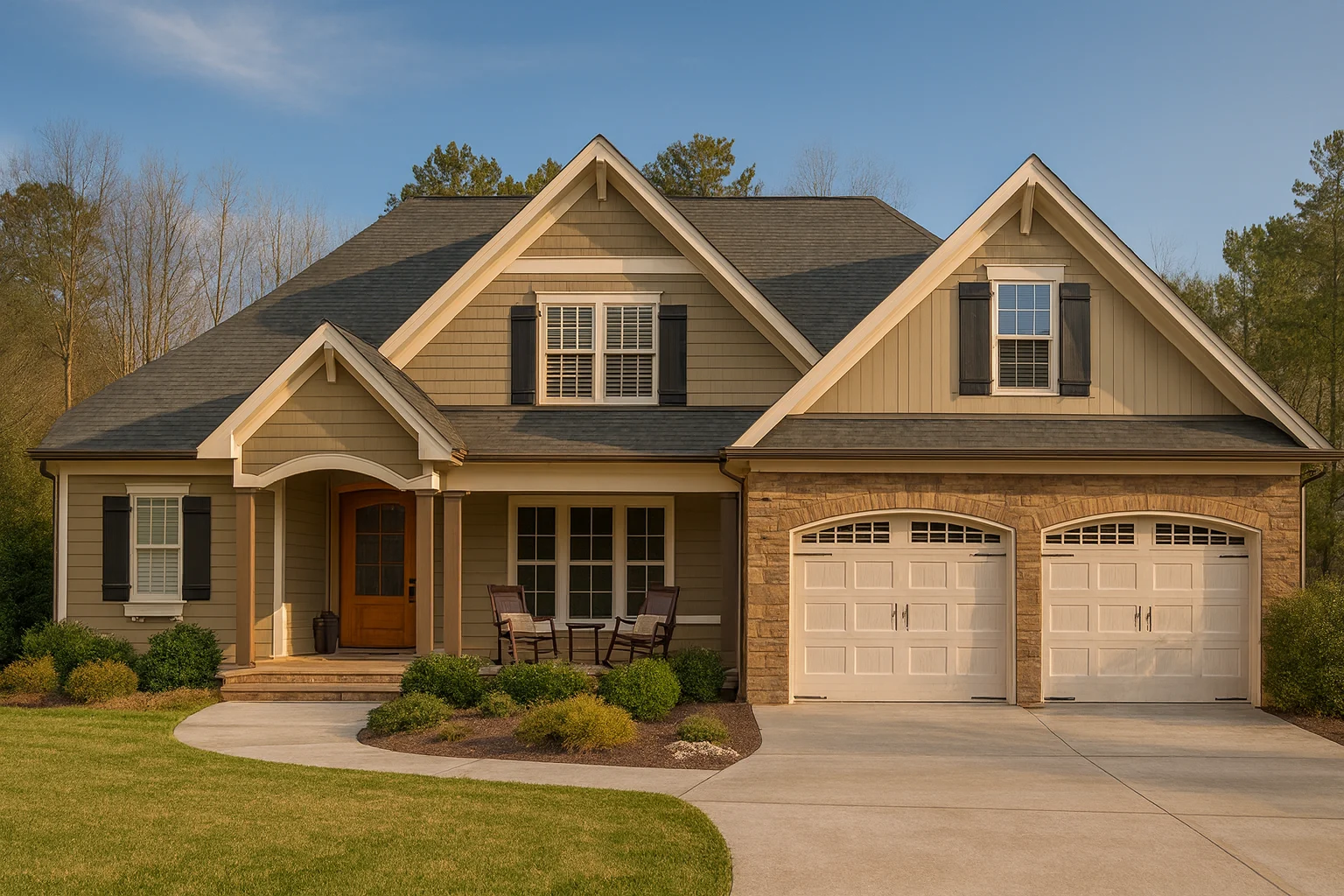 Front exterior of a Traditional New American style home with horizontal siding, brick accents, symmetrical gables, and attached two-car garage