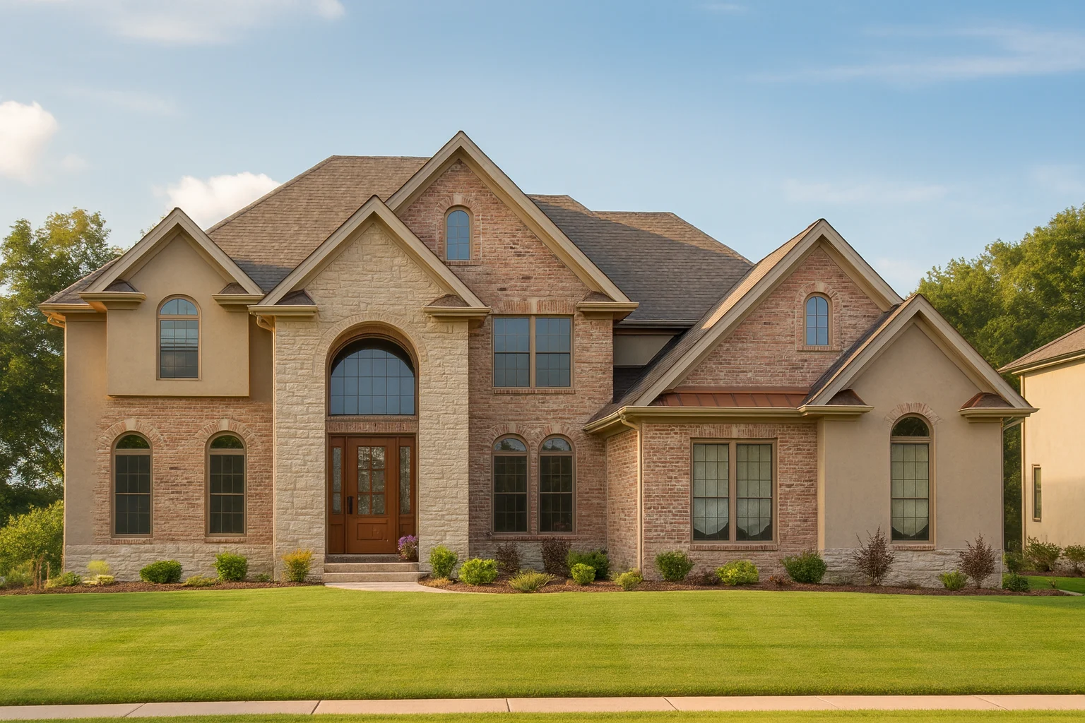 Front elevation of a Traditional Colonial style home featuring a red brick exterior, arched entry doorway, multi-pane windows, and balanced two-story symmetry