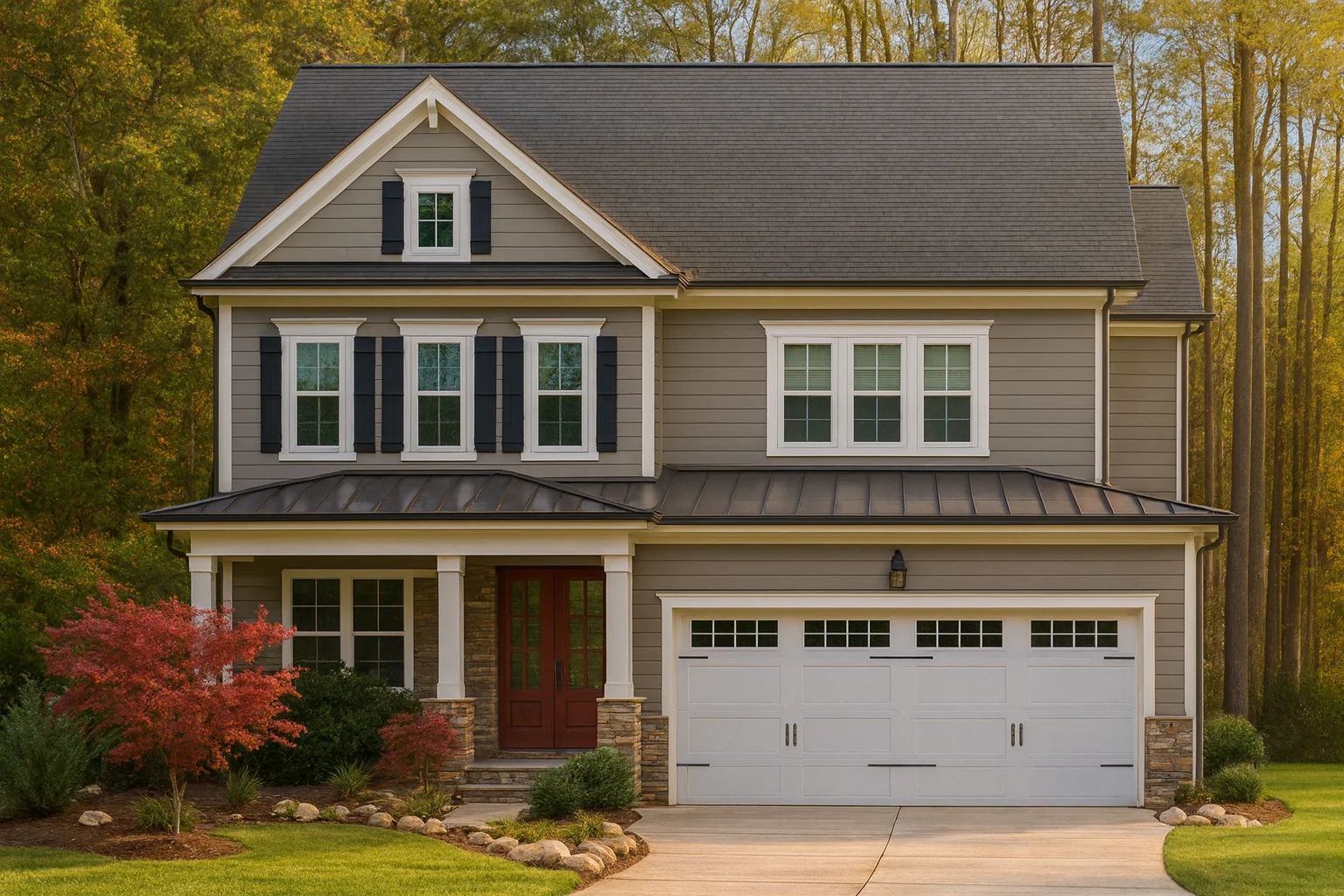 Front elevation of a New American Modern Traditional house with lap siding, board-and-batten gables, covered porch, and attached garage