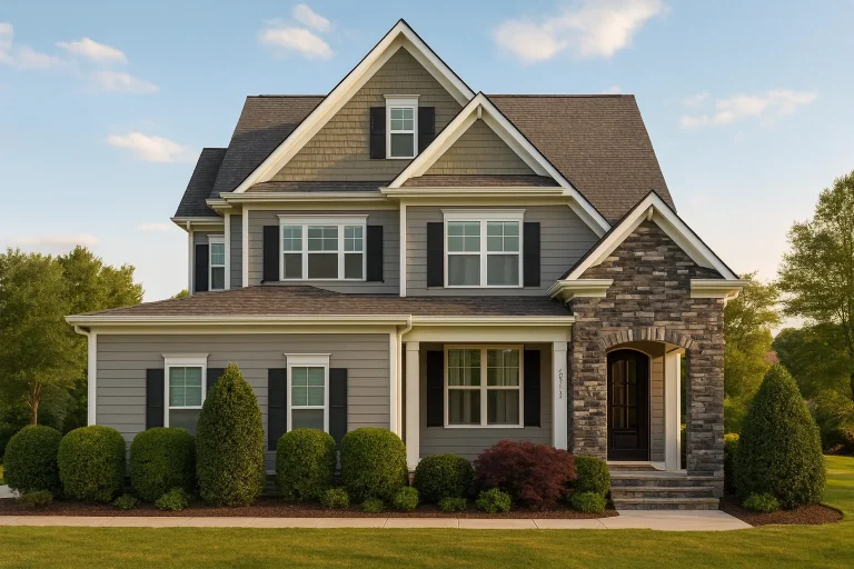 Front elevation of a New American style home with horizontal siding, stone accents, symmetrical gables, and classic suburban curb appeal