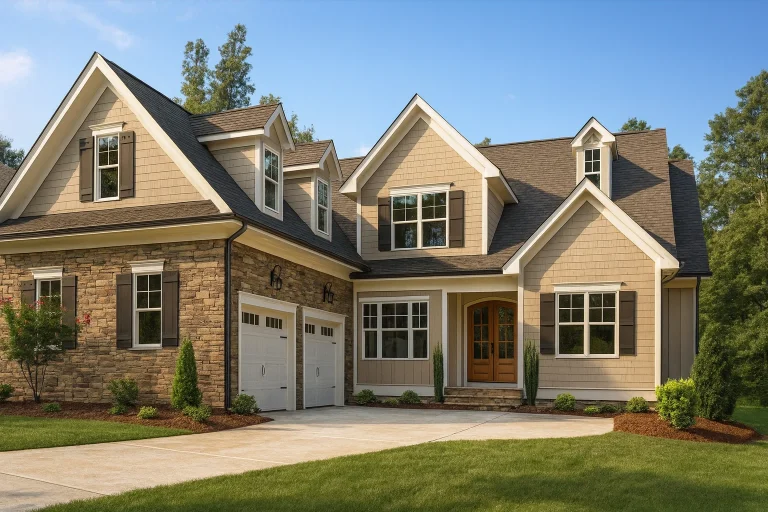 Front elevation of a New American traditional style home featuring stone accents, horizontal siding, gabled rooflines, explaining Craftsman and modern traditional details