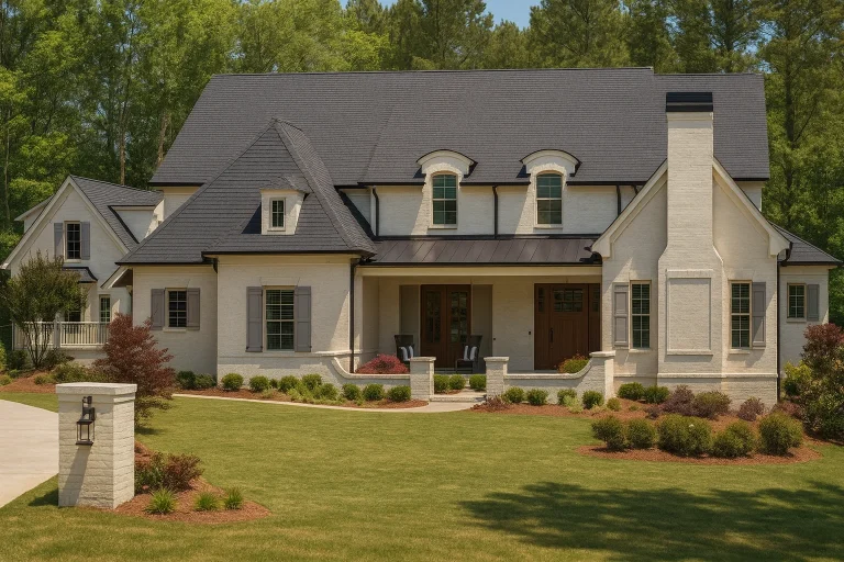 Front elevation of a French Country Southern Traditional style home with stucco exterior, brick accents, steep gabled roof, and covered front porch
