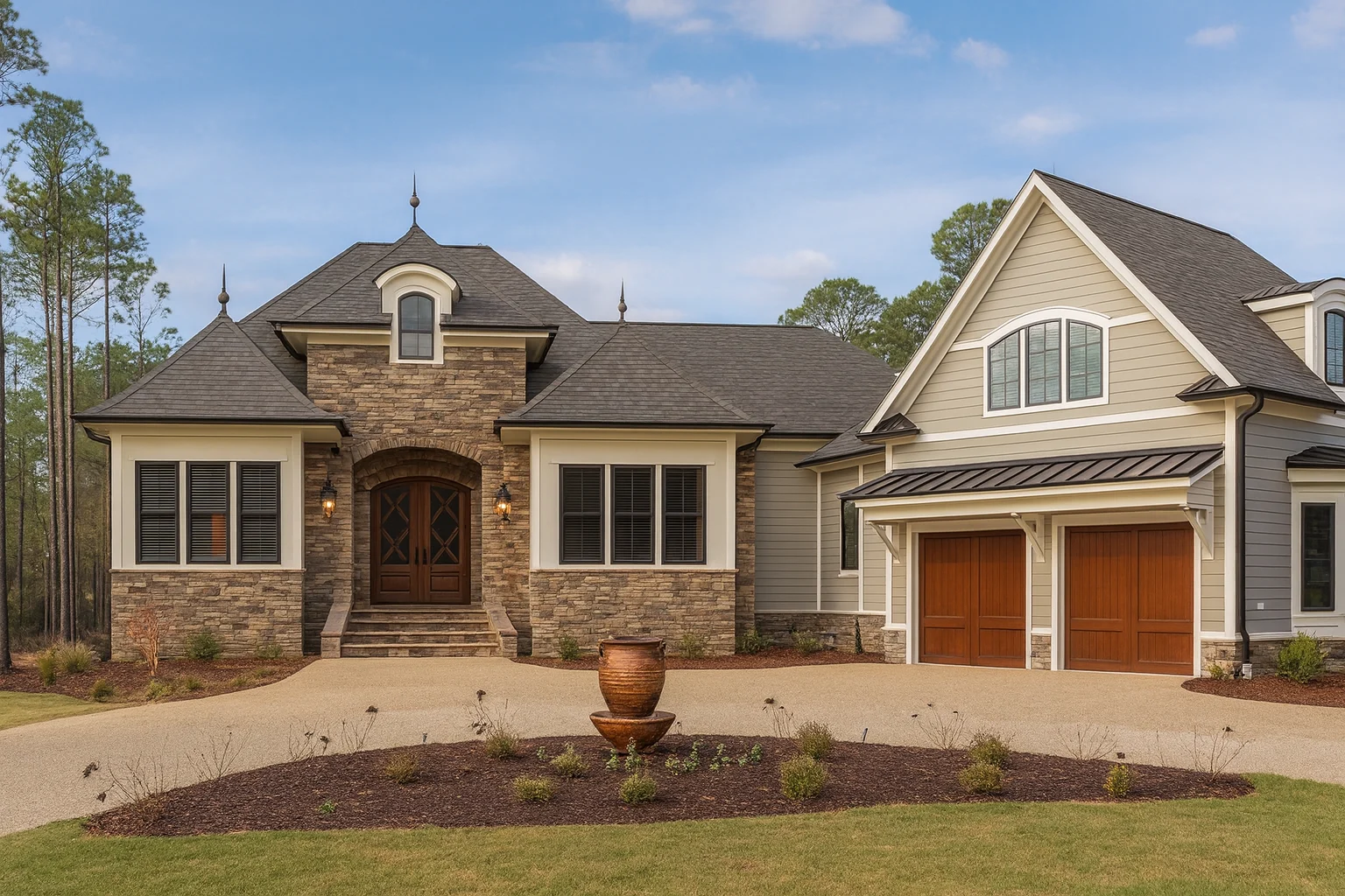 Front exterior of a New American style home featuring stone and brick exterior, arched entry, and side-entry garage