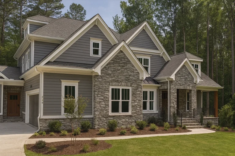 Front elevation of a New American Craftsman style house featuring stone veneer, horizontal siding, gabled rooflines, and covered entry porch