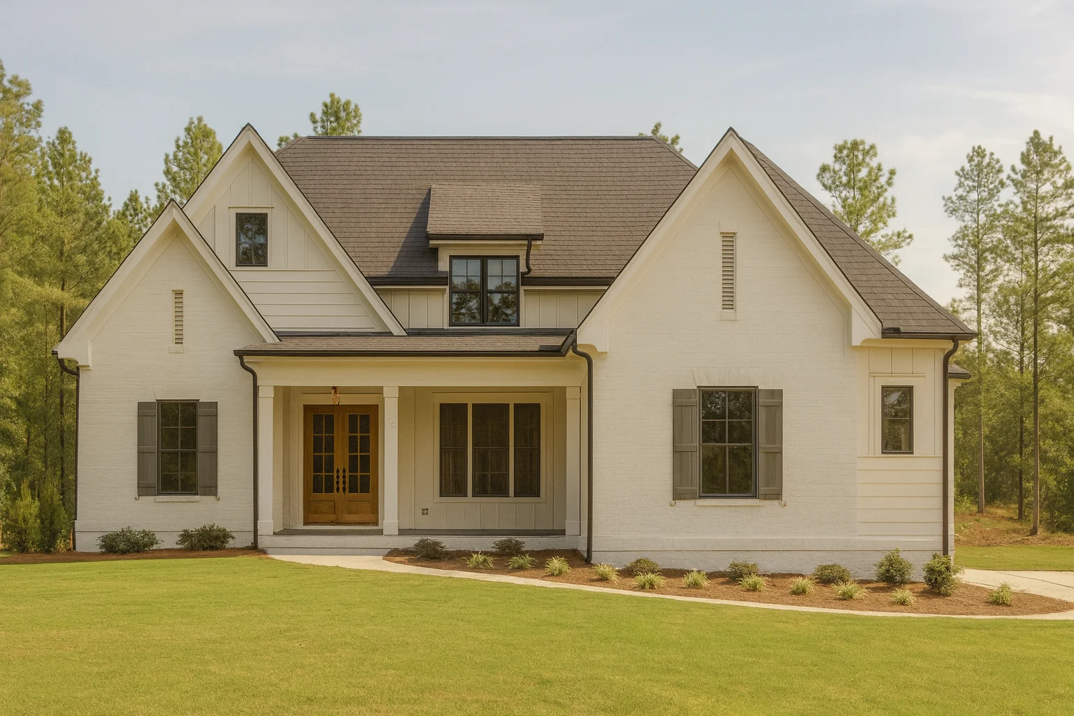 Front elevation of a New American Modern Traditional farmhouse with painted brick exterior, symmetrical gables, shutters, and covered entry porch