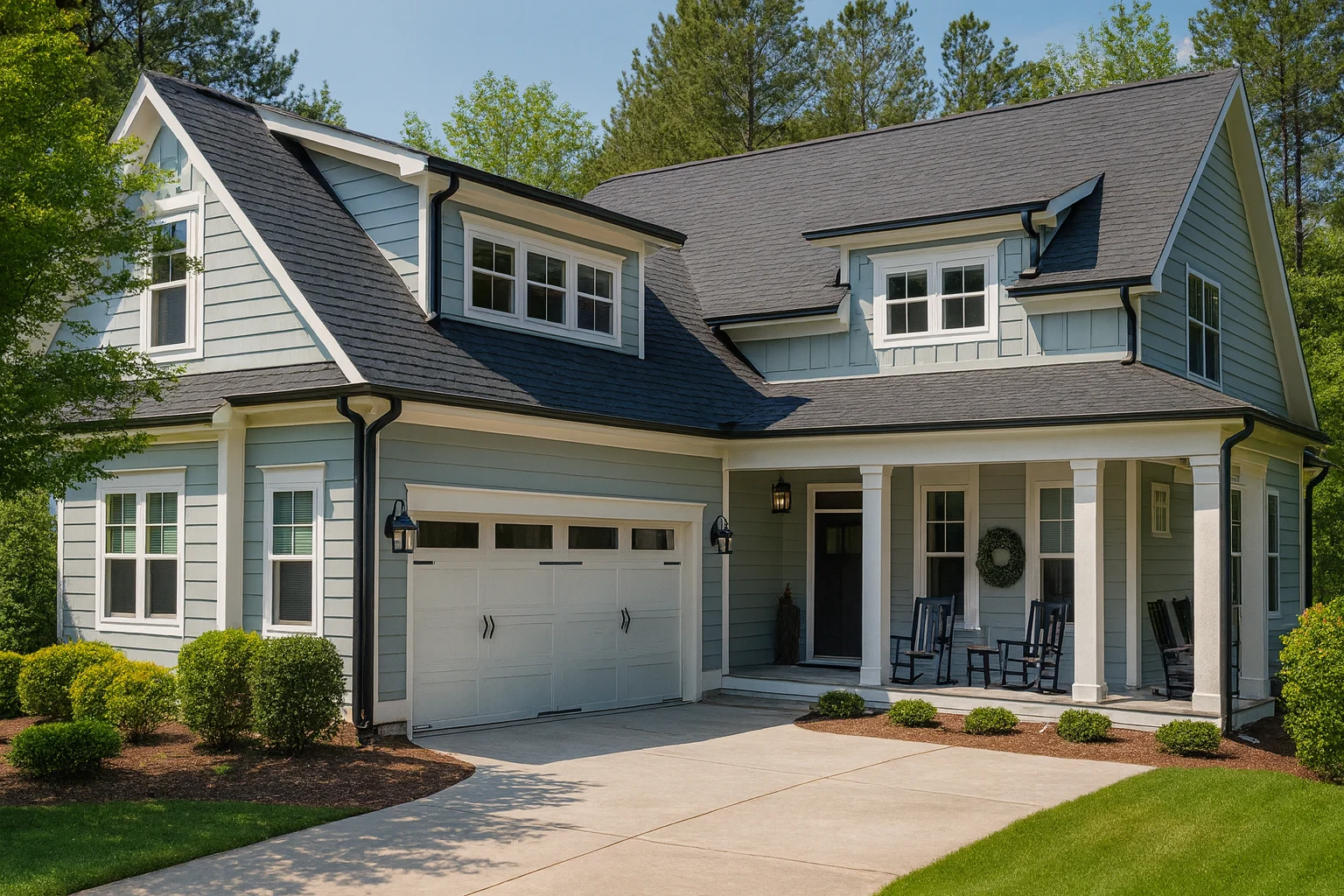 Front exterior view of a Coastal Traditional Cape Cod style house with horizontal siding, shingle accents, covered porch, and symmetrical façade