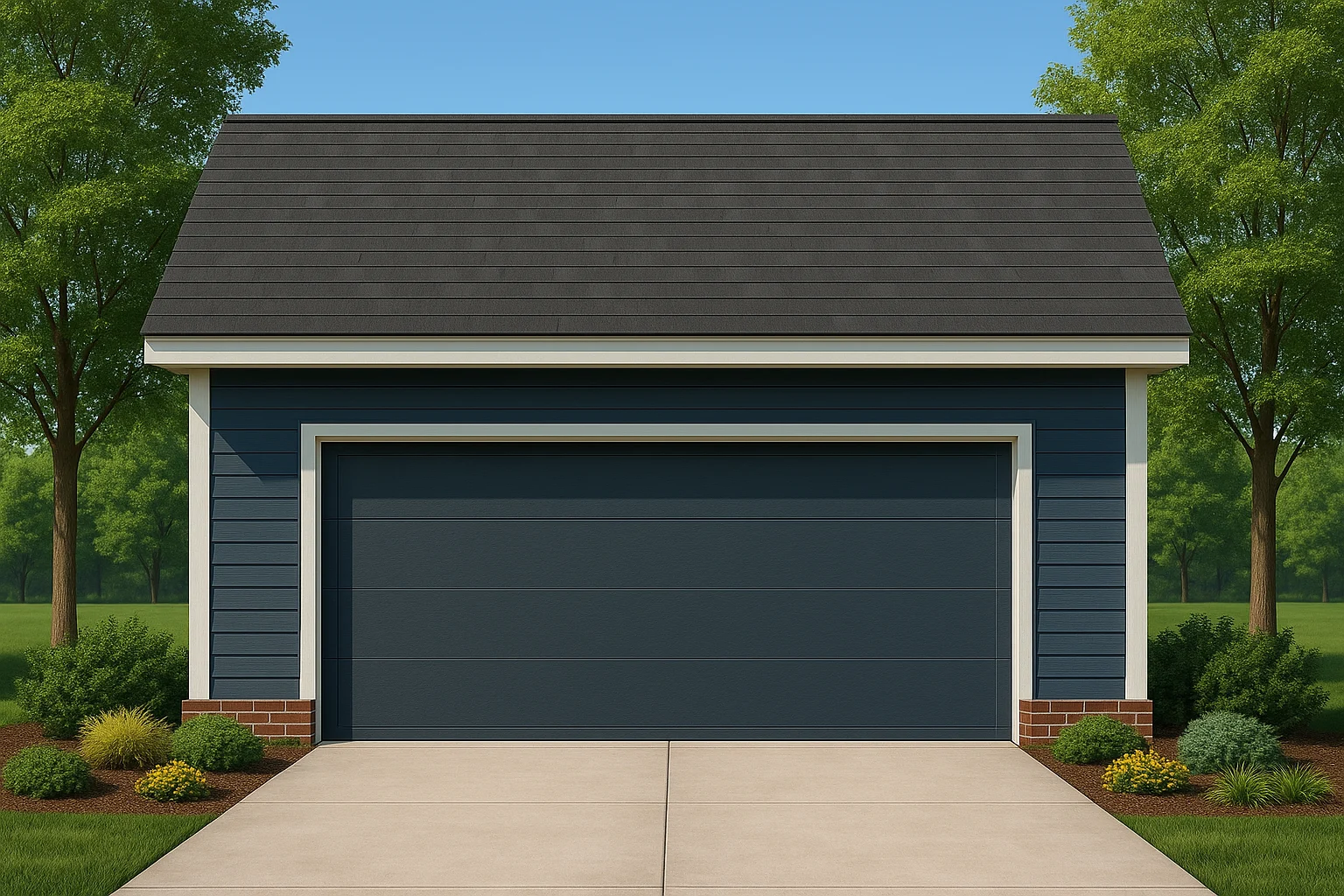 Front elevation of a Modern Suburban two-car garage with horizontal lap siding, brick foundation accents, and a simple gable roof