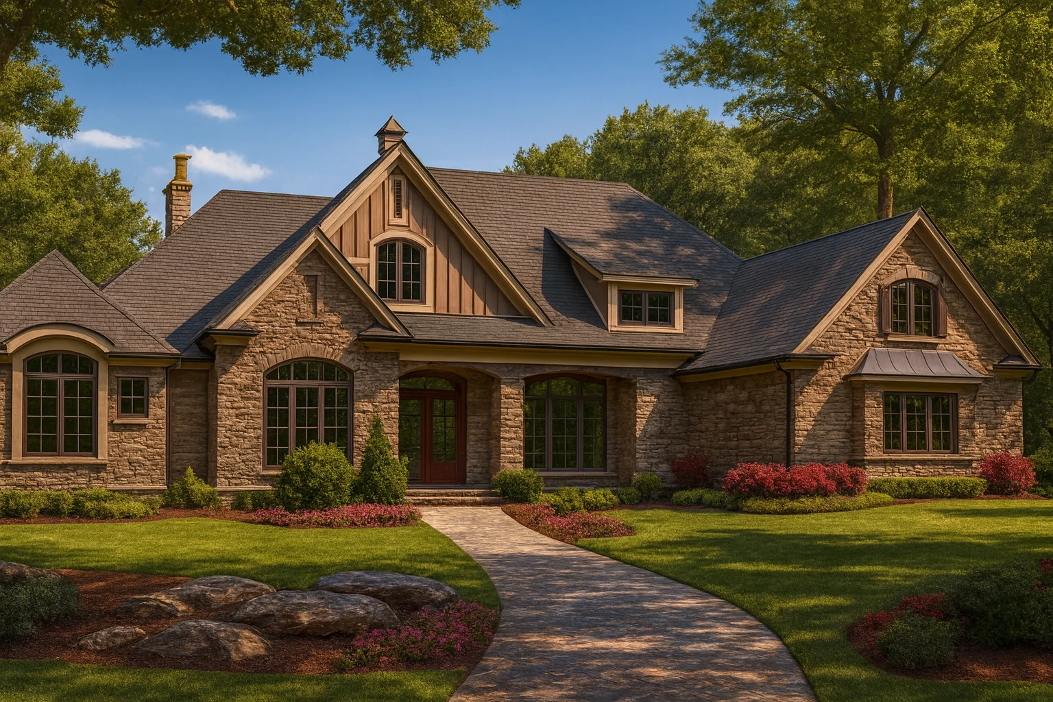 Front elevation of a French Country Craftsman style home featuring stone exterior, board-and-batten accents, steep gables, and a welcoming covered entry