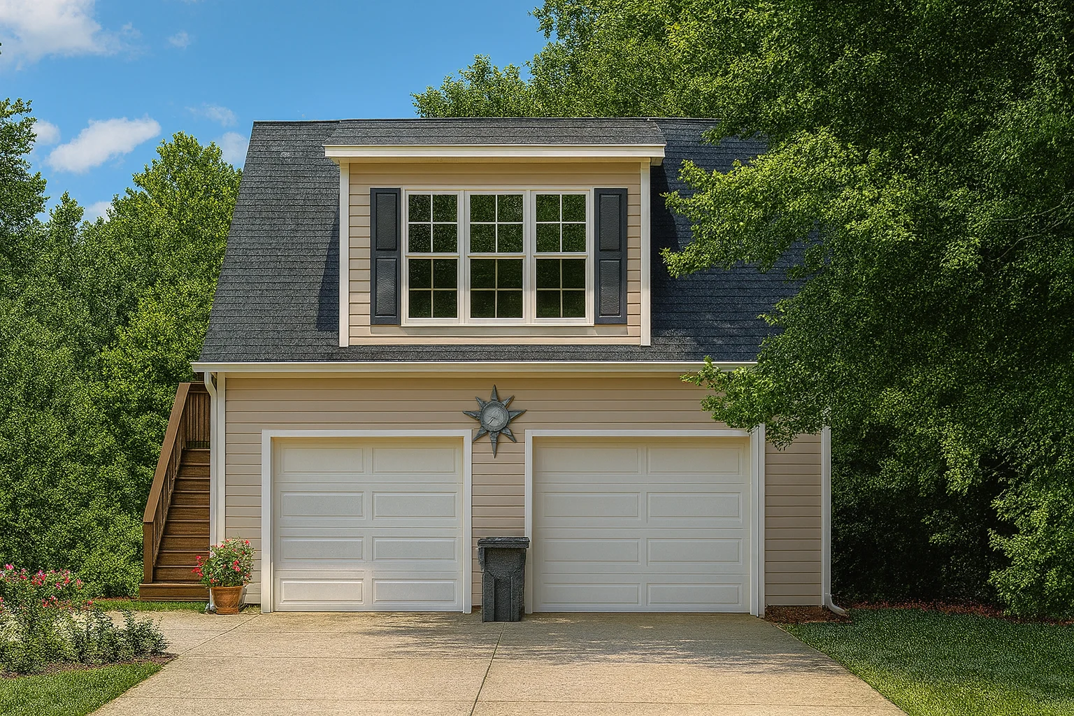 Front exterior view of a Colonial Cape Cod style carriage house garage apartment with clapboard siding, dormer windows, and two-car garage