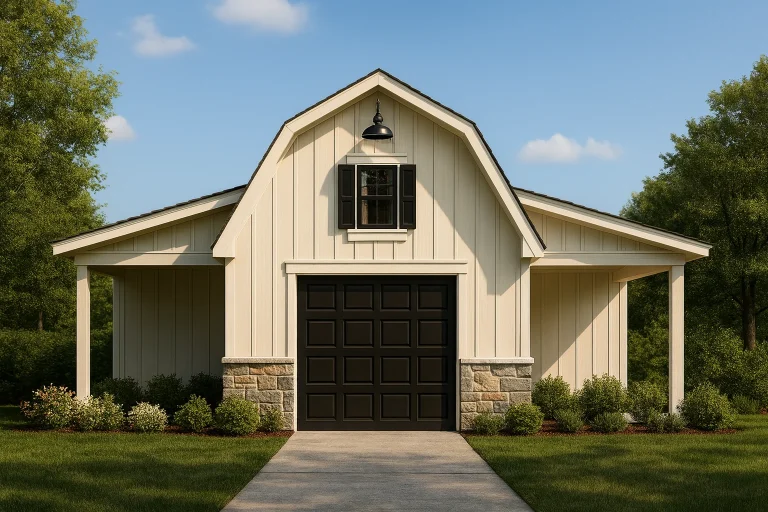 Front elevation of a modern farmhouse barn-style garage featuring board and batten siding, stone wainscot, and centered carriage-style garage door