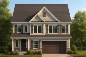 Front elevation of a Traditional Colonial style home featuring a balanced façade with horizontal siding, stone accents, and symmetrical window placement.