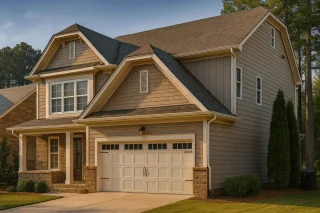 Front view of a Traditional Transitional style suburban home featuring horizontal lap siding, brick accents, and gable shingle details above a two-car garage.