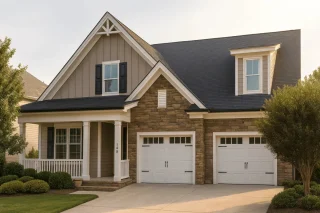 Front view of a Craftsman and Traditional Farmhouse style home featuring board-and-batten siding, stone accents, double garage doors, and inviting covered front porch entry