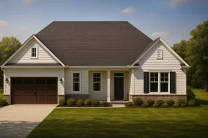 Front elevation of a Traditional Ranch and Modern Farmhouse style home featuring board and batten siding, stone wainscoting, dark shutters, and a gable roof design
