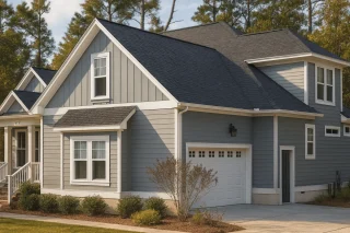 Front view of a Traditional Craftsman style house featuring gray horizontal lap siding with vertical board and batten accents and a gable roof design