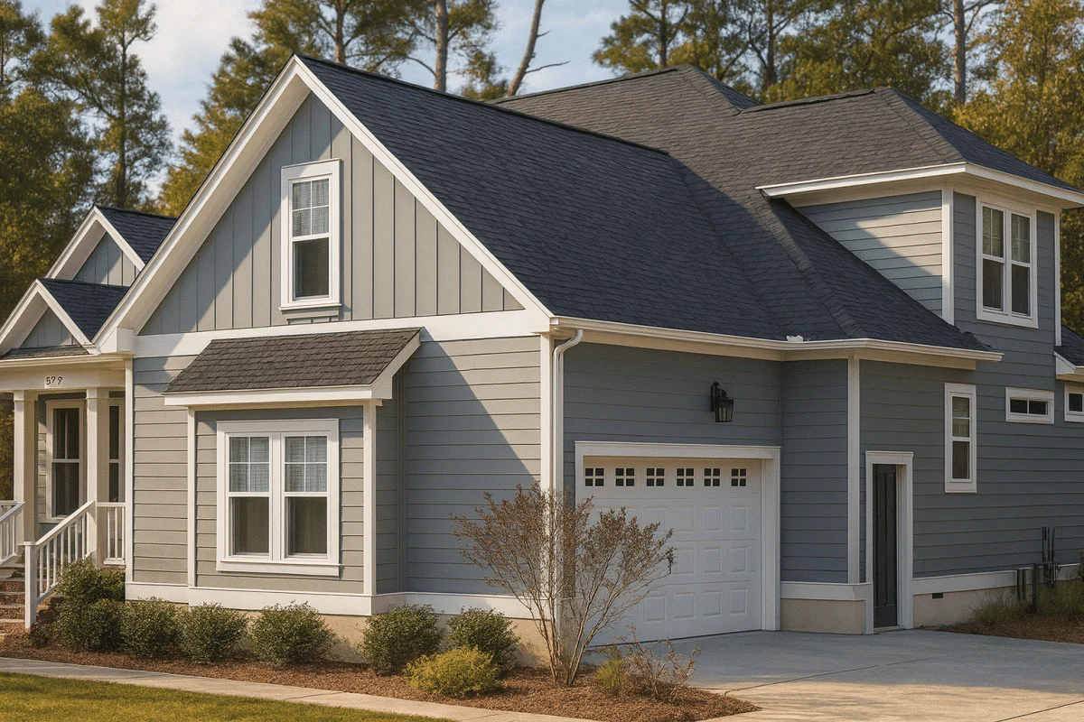 Front view of a Traditional Craftsman style house featuring gray horizontal lap siding with vertical board and batten accents and a gable roof design