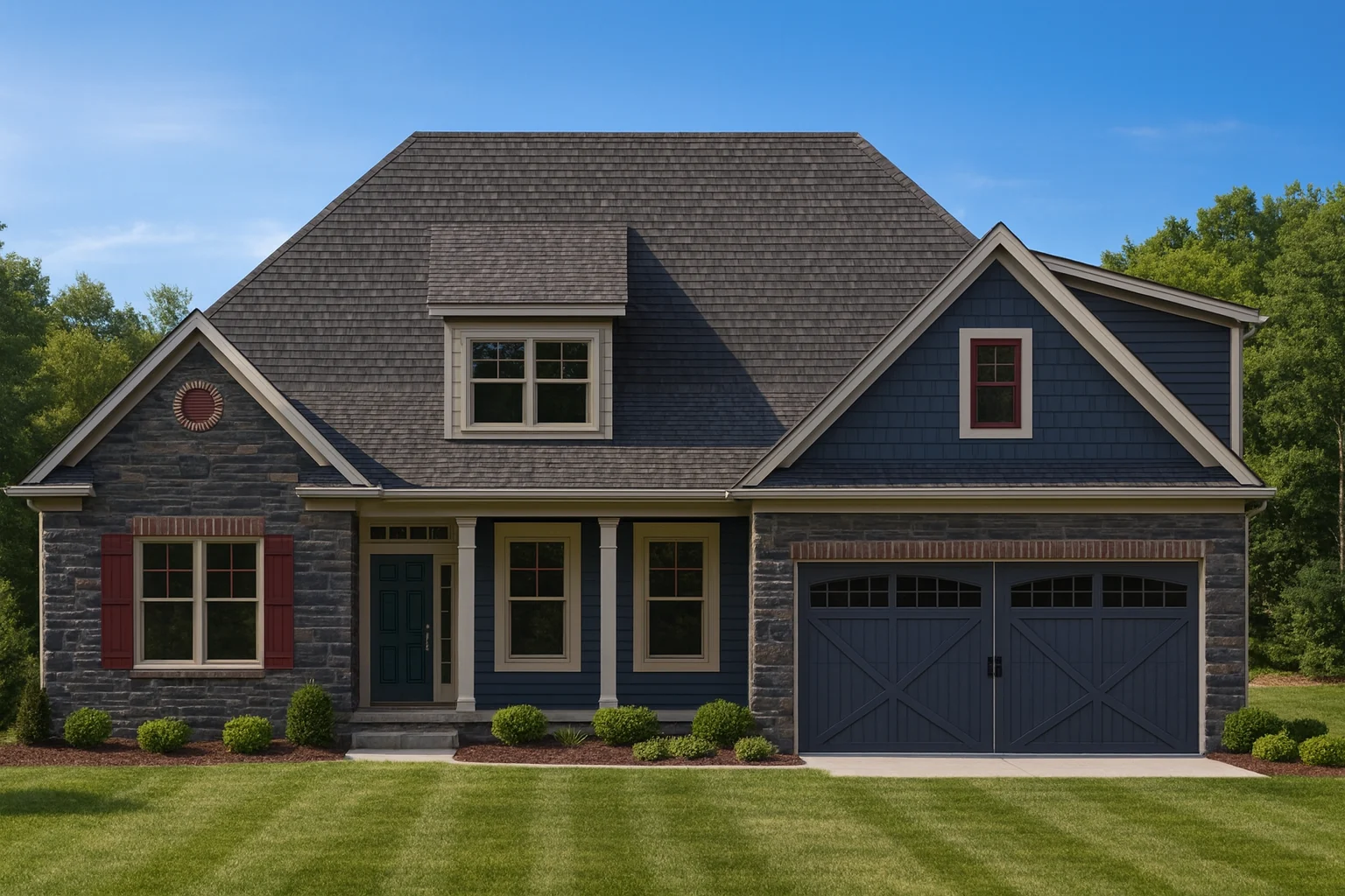 Front view of a Traditional Colonial style home featuring stone and siding exterior, gabled rooflines, and a welcoming front porch entry