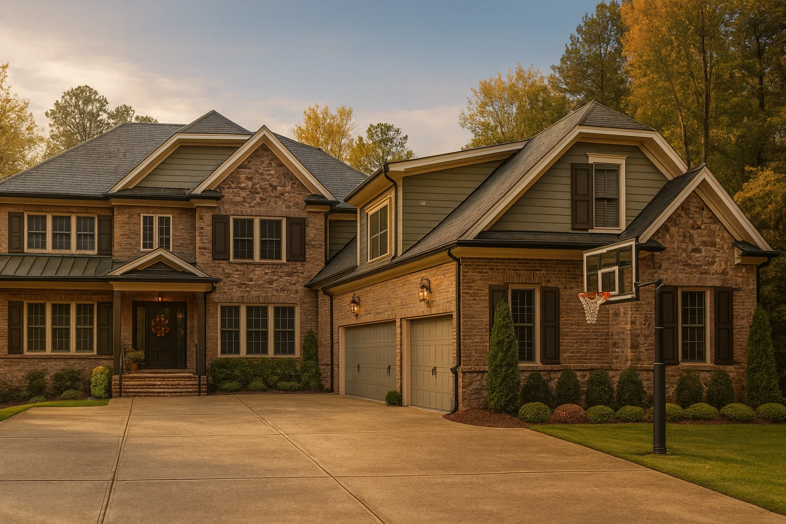Front view of a Traditional Colonial Revival style home featuring a brick and stone exterior, gabled rooflines, and a three-car garage under a warm evening sky