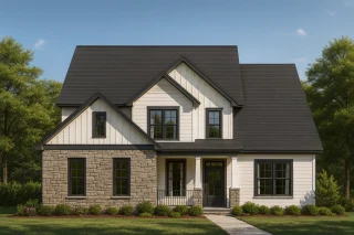 House Plans with Screened-In Porch 13 Front elevation of a Modern Farmhouse with board and batten siding, stone base, black trim windows, and a covered front porch entry