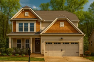 Front elevation of a Traditional Craftsman and New American style home featuring cedar shake accents, horizontal lap siding, and a two-car garage