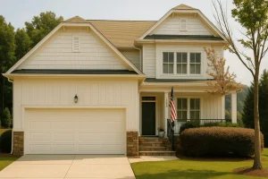 Front elevation of a Traditional Farmhouse and New American style home featuring board and batten siding, stone base, two-car garage, and inviting covered porch entry