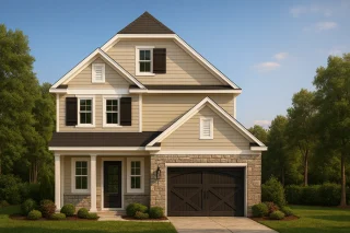 Front elevation of a Traditional New American style home with beige siding, stone accents, and black shutters under a gabled roof
