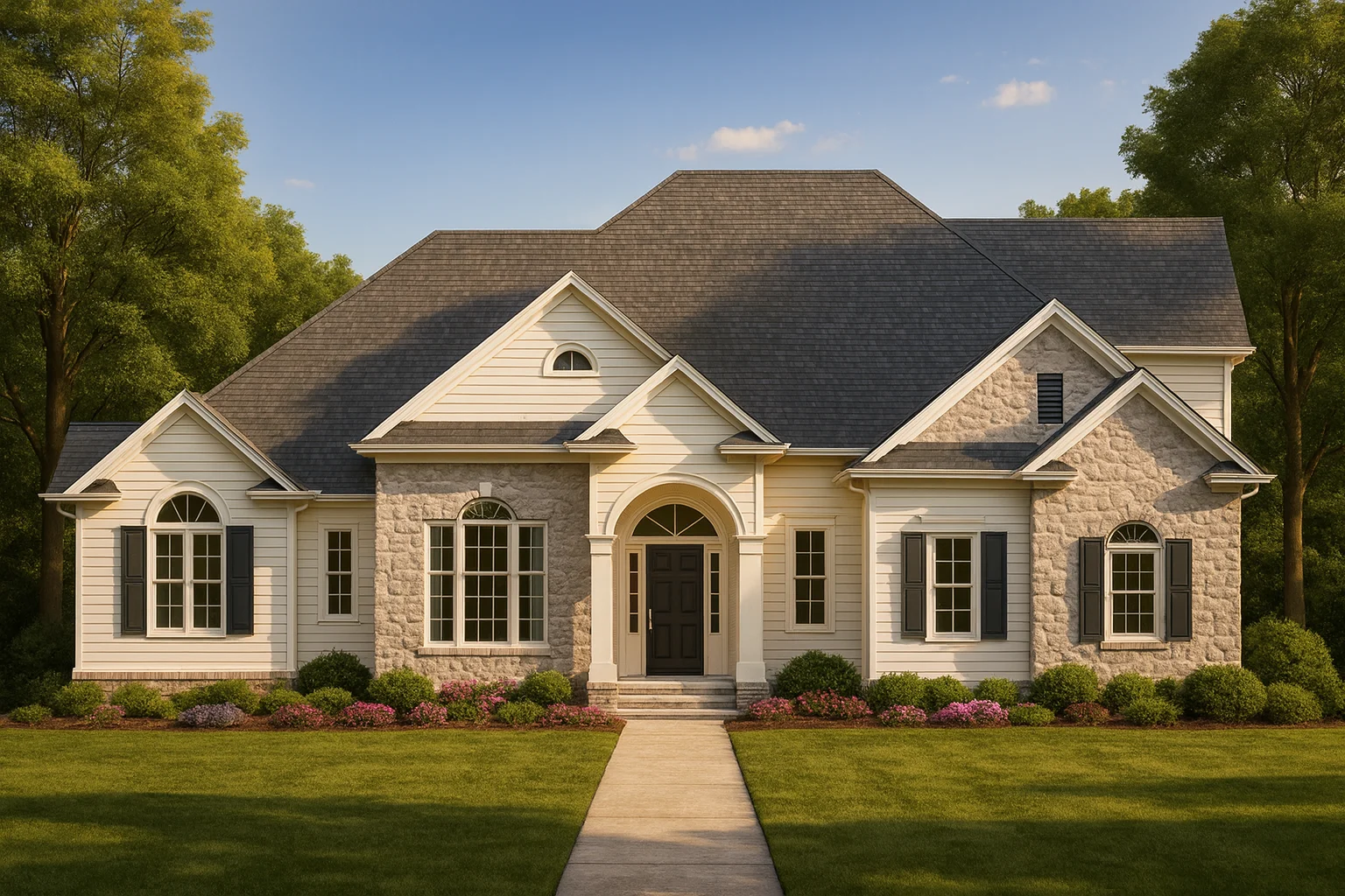 Front view of a Traditional Transitional style home featuring a combination of stone and horizontal siding, arched windows, and a symmetrical facade surrounded by lush landscaping.