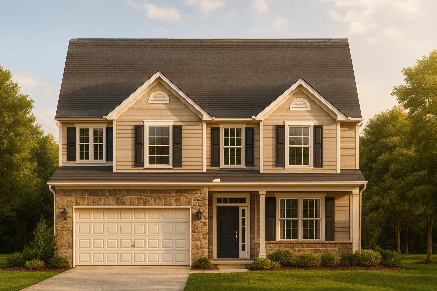 Front elevation of a Traditional Colonial style home featuring a blend of stone and horizontal siding, black shutters, and symmetrical windows