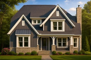Front view of a Modern Farmhouse Craftsman style home featuring board and batten siding, stone accents, gabled rooflines, and a welcoming covered front porch