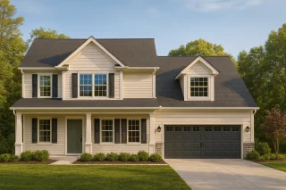 Front view of a Traditional Colonial style two-story home with light siding, black shutters, and a double garage featuring classic architectural symmetry.