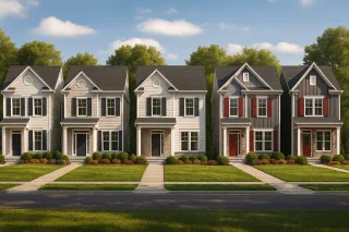 Front elevation view of a Traditional Colonial style home featuring classic symmetry, siding, and brick accents with a welcoming covered entry.