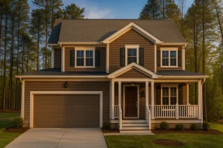Front elevation of a Traditional Colonial home with brown horizontal lap siding, white trim, and a covered front porch entry