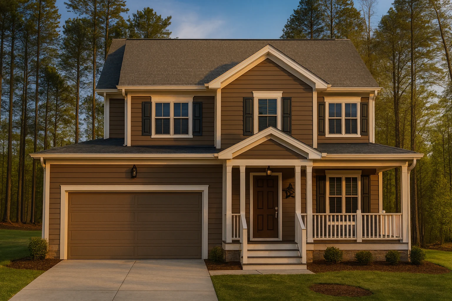 Front elevation of a Traditional Colonial home with brown horizontal lap siding, white trim, and a covered front porch entry