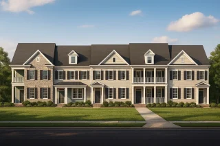 Front elevation of Colonial Revival style townhomes featuring stone accents, horizontal siding, black shutters, and symmetrical gabled roofs