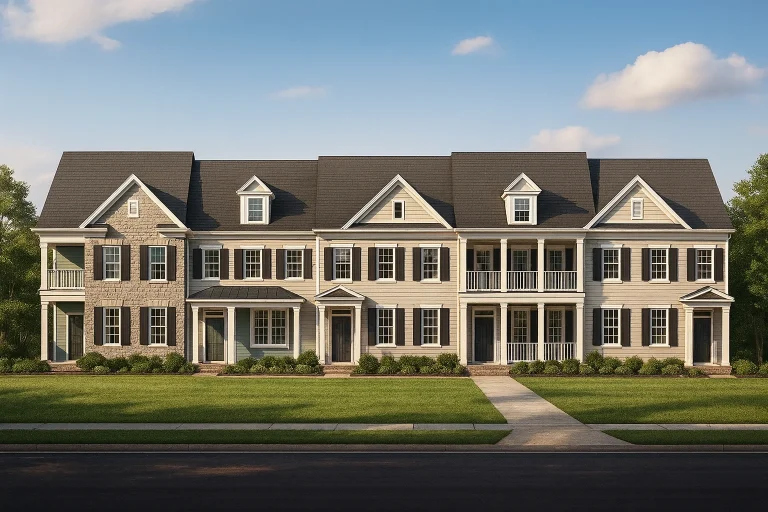 Front elevation of Colonial Revival style townhomes featuring stone accents, horizontal siding, black shutters, and symmetrical gabled roofs