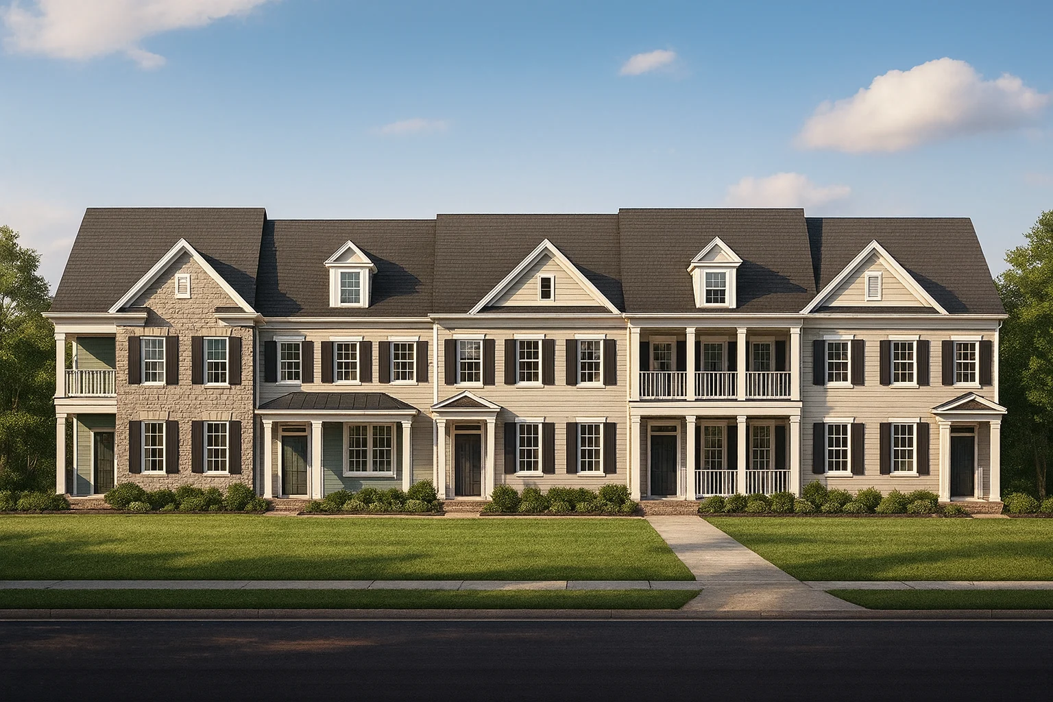 Front elevation of Colonial Revival style townhomes featuring stone accents, horizontal siding, black shutters, and symmetrical gabled roofs