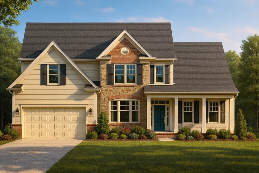 Front view of a Traditional Colonial New American style home featuring a blend of brick, stone, and horizontal siding with black shutters and teal front door
