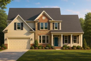 Front view of a Traditional Colonial New American style home featuring a blend of brick, stone, and horizontal siding with black shutters and teal front door