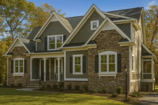 Front elevation of a Traditional Craftsman Farmhouse featuring stone and horizontal lap siding, multiple gables, and white trim accents.