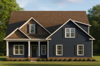 House Plans with Screened-In Porch 10 Front view of a Traditional Colonial style house with blue horizontal lap siding, shingle gables, white trim, and a brick foundation accent