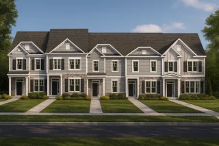 Front view of a Traditional Colonial style townhome row featuring lap siding, gable roofs, and partial stone accents for timeless curb appeal