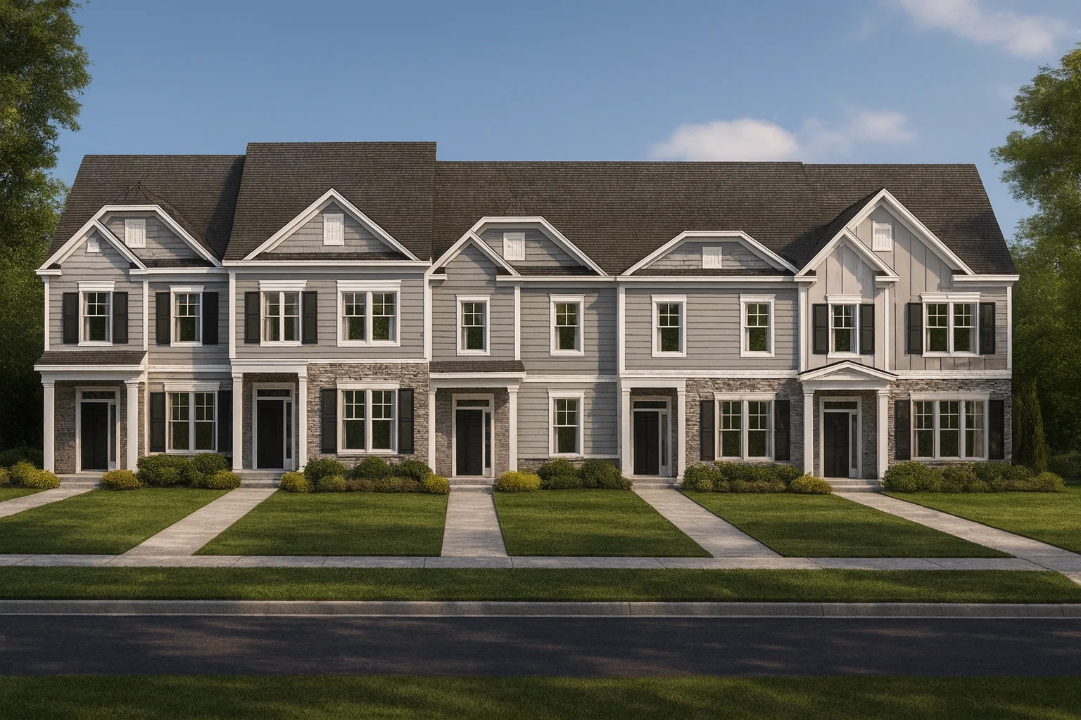 Front view of a Traditional Colonial style townhome row featuring lap siding, gable roofs, and partial stone accents for timeless curb appeal