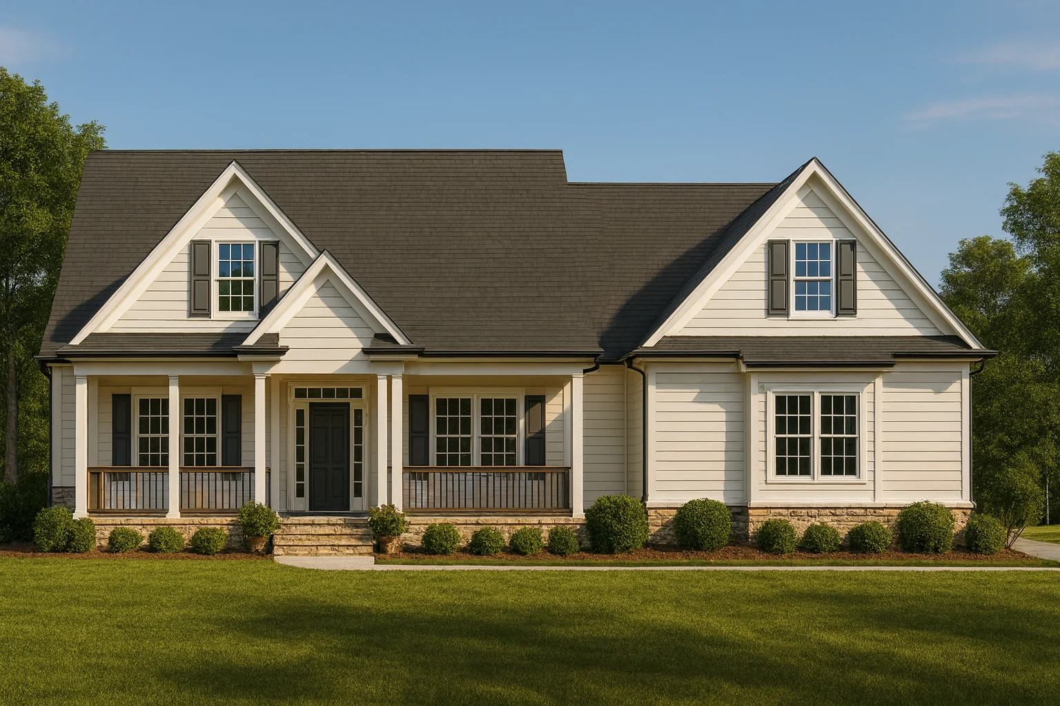 Front view of a Traditional Farmhouse with horizontal siding, board and batten details, stone skirting, and a welcoming covered porch entry