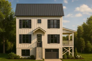 Front elevation of a Modern Coastal Farmhouse featuring board and batten siding, black metal roof, and raised front entry with garage below