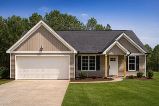 Front view of Traditional Ranch style home featuring board and batten siding, gable rooflines, and a two-car front entry garage