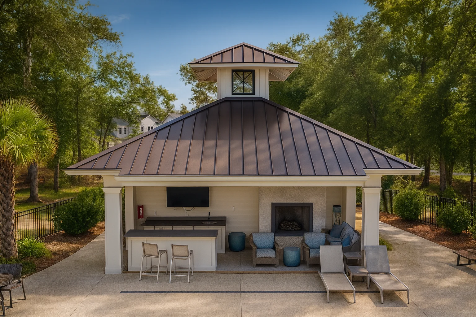 Front view of a coastal pool house pavilion featuring a smooth stucco exterior, dark metal roof, open-air lounge, bar, and fireplace surrounded by trees
