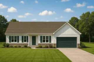 Front elevation of a Traditional Ranch style home featuring a blend of horizontal siding, board and batten, and stone wainscoting with a two-car garage